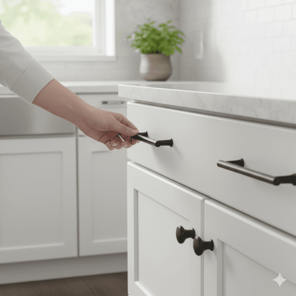 Black modern cabinet handles installed on white drawers