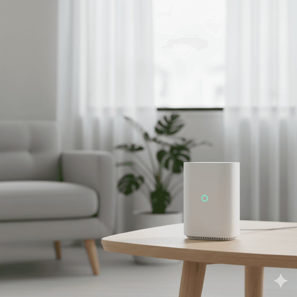 Mesh Wi-Fi router on modern wooden side table