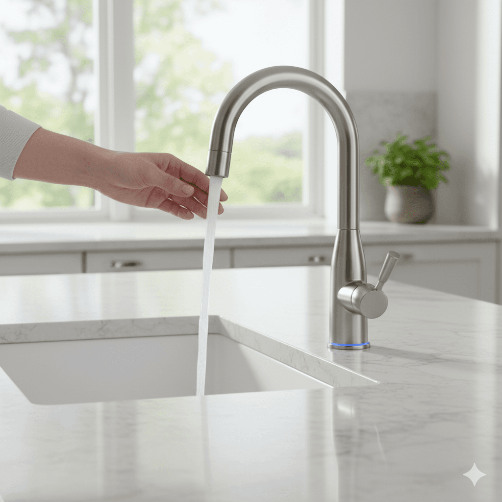 Modern kitchen faucet installation with running water